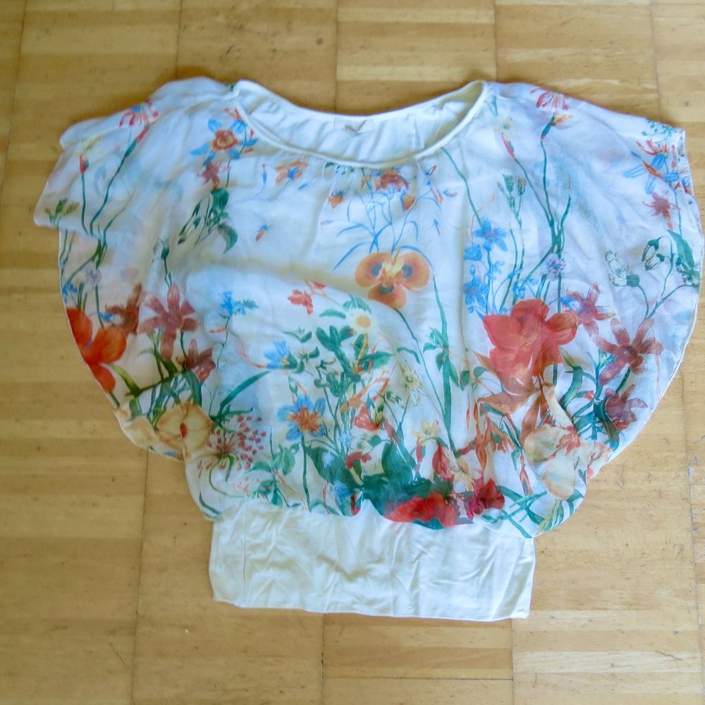 GIUSY silk floral butterfly spring summer top S 4/6